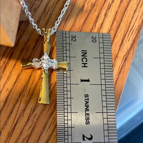 Vintage Gold and Silver Cross Pendant Necklace with CZ - Picture 5 of 6
